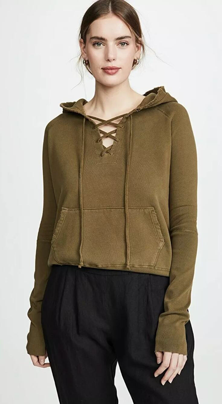 Nili Lotan Army Green Fletcher Cross Tie Distressed Hoodie Sweatshirt Size Small